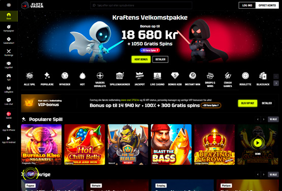 Hovedside p&aring; SlotsVader Casino Site