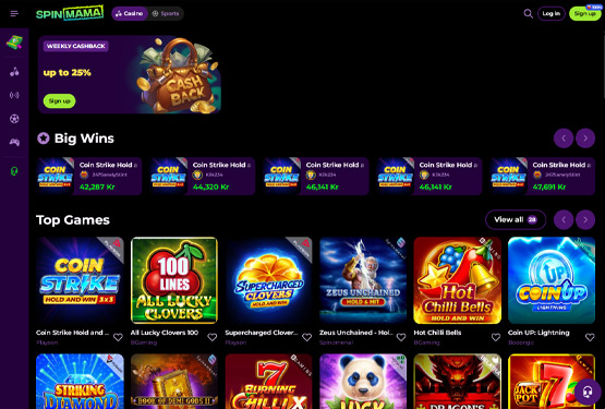Hovedside på Spinmama Casino Site