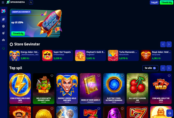 Hovedside på Spinwinera Casino Site