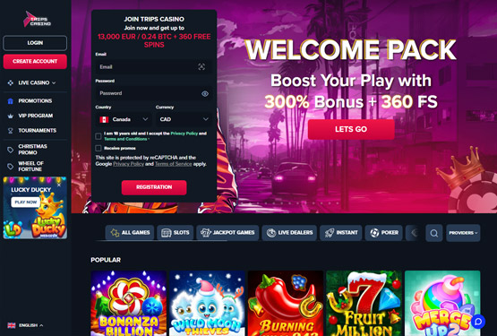 Hovedside på Trips Casino Site