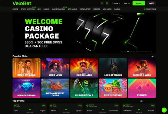 Hovedside på VeloBet Casino Site