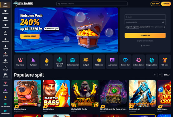 Hovedside på Winshark Casino Site