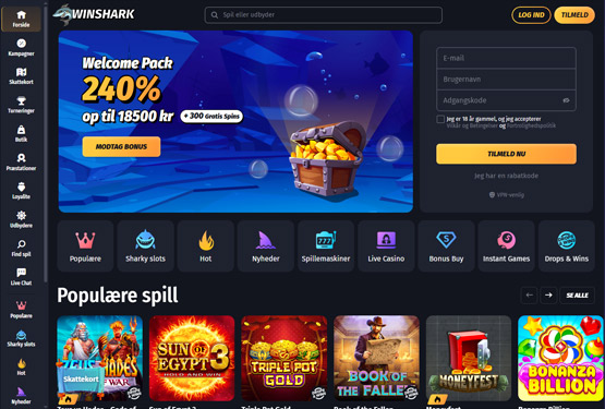 Hovedside på Winshark Casino Site