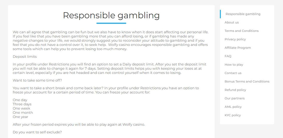 Wolfy Casino-side om ansvarligt spil