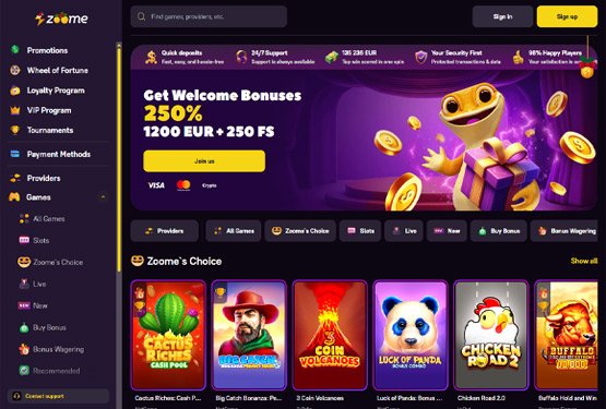 Hovedside på Zoome Casino Site