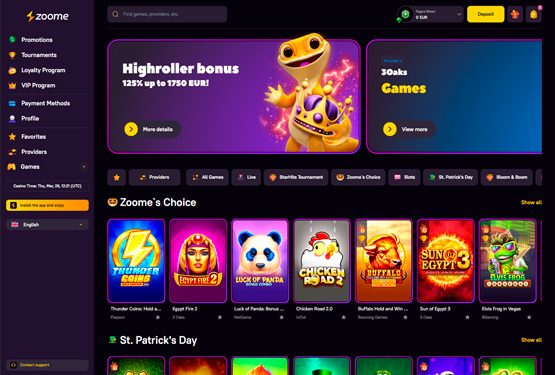 Hovedside på Zoome Casino Site