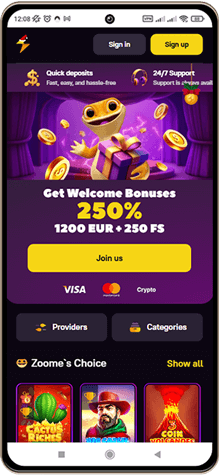 Zoome Casinos Hovedside på Mobilskærm