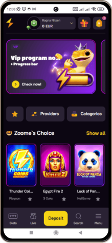 Zoome Casinos Hovedside på Mobilskærm