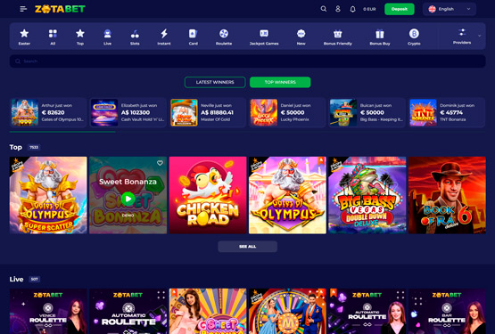 Hovedside på Zotabet Casino Site