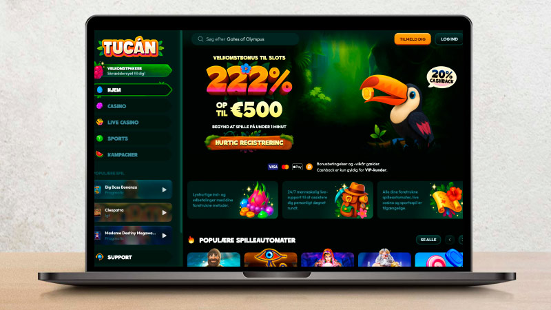 Tucan Casino hovedside på notebook-skærmen