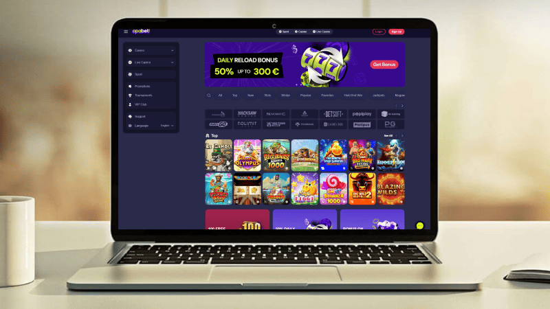 Opabet Casino hovedside på notebook-skærmen