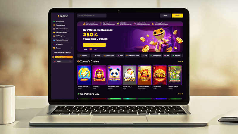 Zoome Casino hovedside på notebook-skærmen