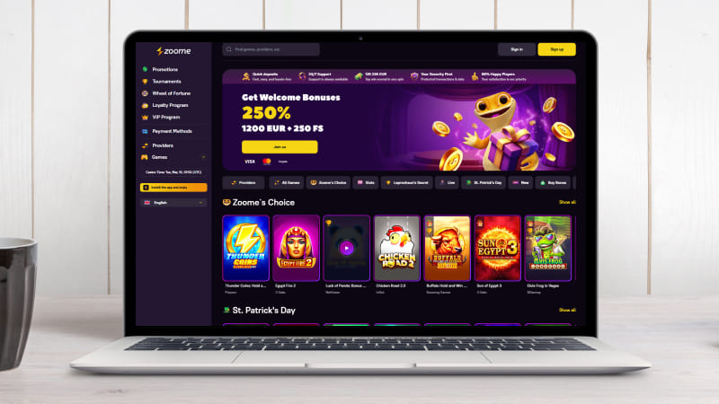 Zoome Casino hovedside på notebook-skærmen