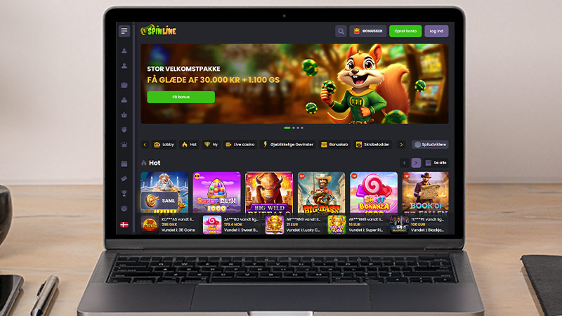 Spinline casino hovedside på notebook-skærmen