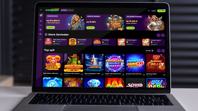 Spinmama casino hovedside på notebook-skærmen