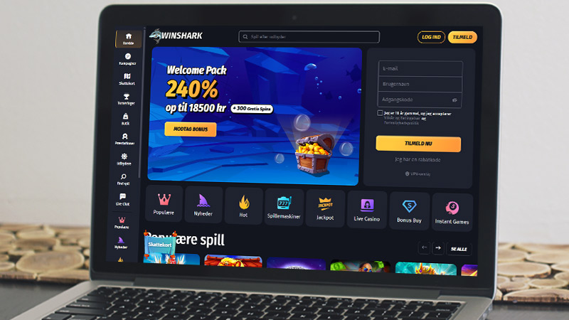 Winshark casino hovedside på notebook-skærmen
