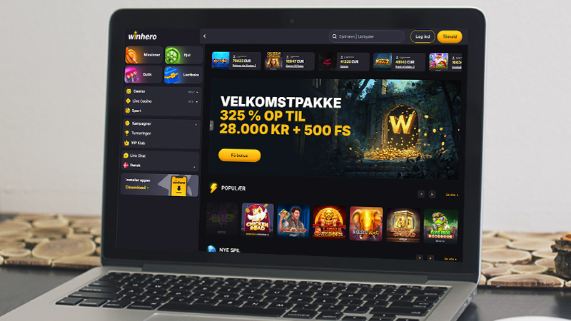 Winhero casino hovedside på notebook-skærmen