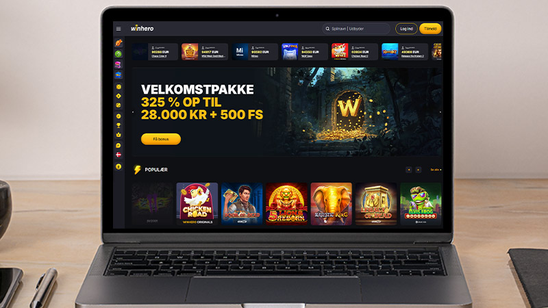 WinHero Casino hovedside på den bærbare computerskærm
