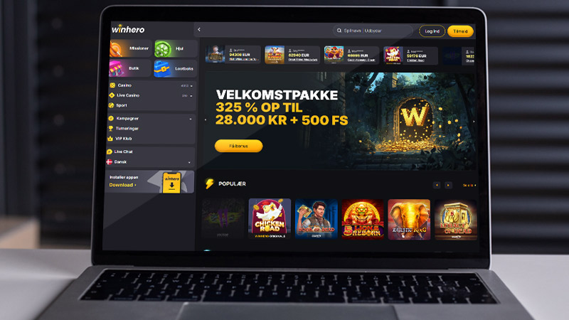 WinHero Casino hovedside på den bærbare computerskærm