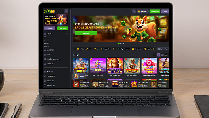 Spinline Casino hovedside på den bærbare computerskærm