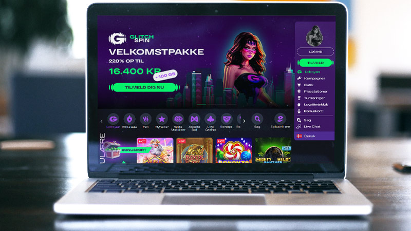 GlitchSpin Casino hovedside på den bærbare computerskærm